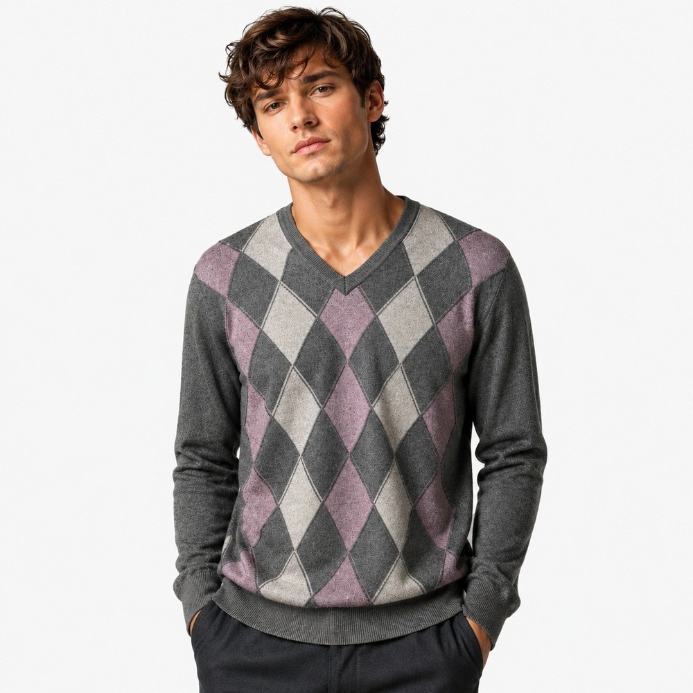 Banana Republic Y2K Silk Cashmere Argyle Sweater Men L Grey Preppy Academia